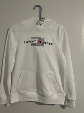 Tommy Hilfiger White Crewneck Hoodie with Logo Stripe